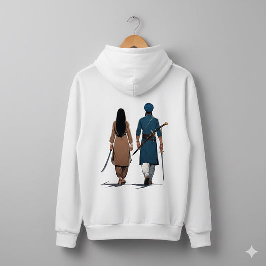 Punjabi Couple with Swords Unisex Hoodie – Traditional Artwork, Minimal Ethnic Sweatshirt