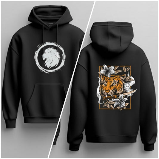 Mystic Lion Front + Floral Tiger Back Print Hoodie – Unisex Premium Streetwear (Black)
