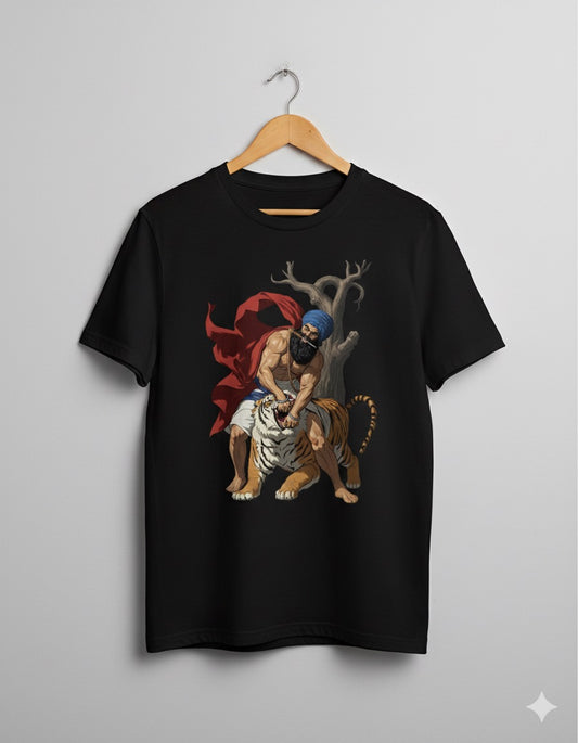 Warrior on Tiger Graphic T-Shirt – Unisex Black Heritage Streetwear Tee