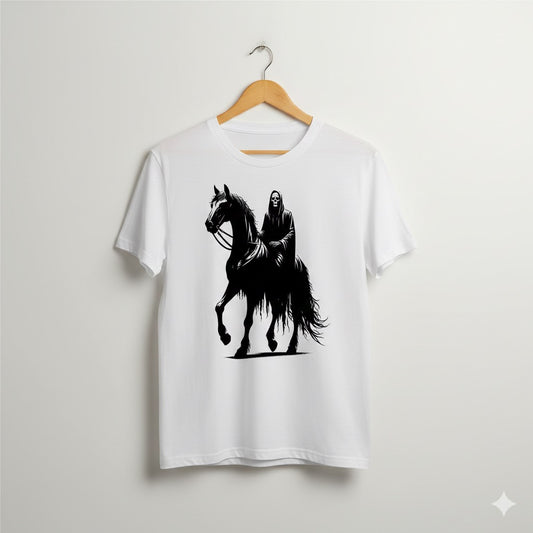 Dark Rider Silhouette Graphic T-Shirt – White Unisex Grunge Streetwear Tee