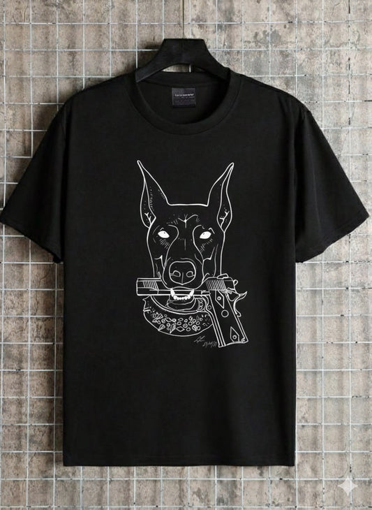 Doberman with Handgun Graphic T-Shirt – Edgy Streetwear Black Tee (Unisex, Cotton)
