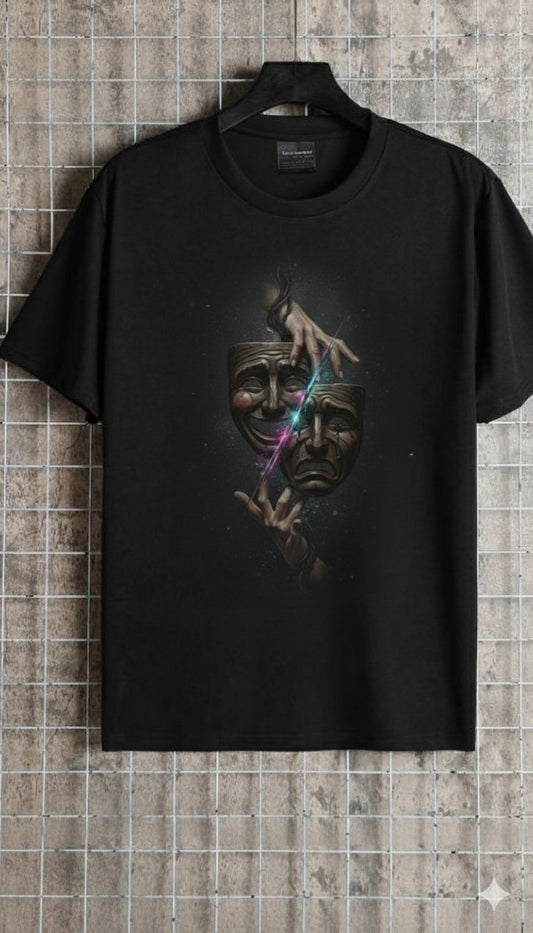 Cosmic Drama Masks Graphic – Artistic Streetwear T-Shirt (Unisex, Black)